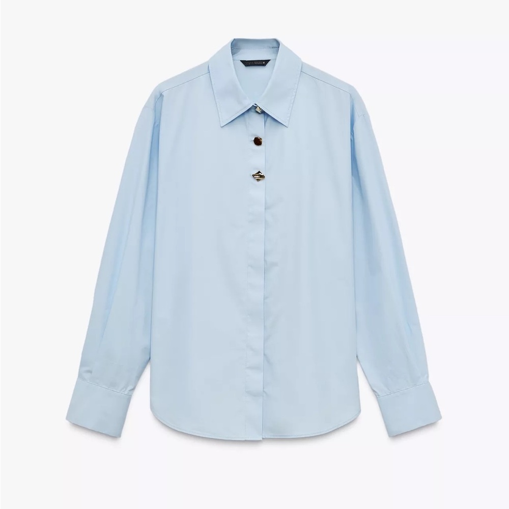 Zara Women’s Light Blue Dress Shirt with Embellished buttons Oversized Fit Small